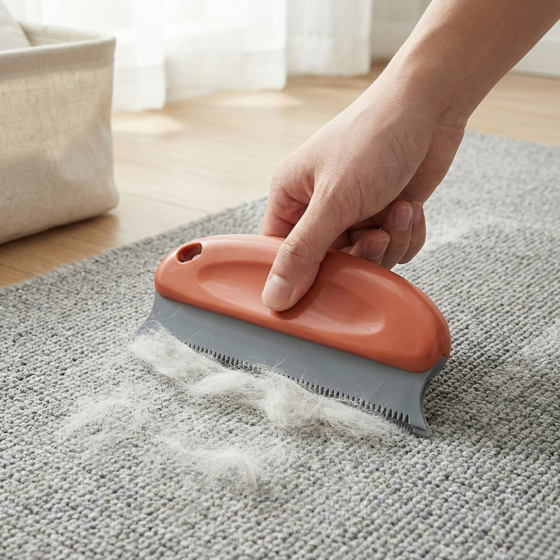 Main utilisant une brosse anti-poils pour retirer les poils de chiens et chats sur un tapis.