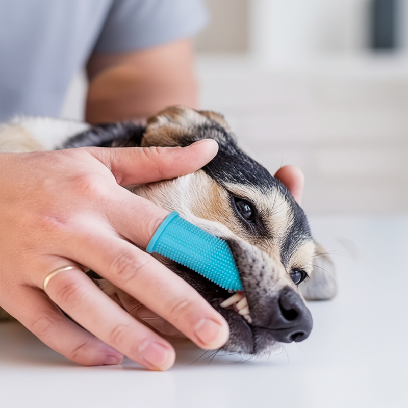 Nettoyage des dents d’un chien avec brosse en silicone douce, adaptée aux gencives sensibles.