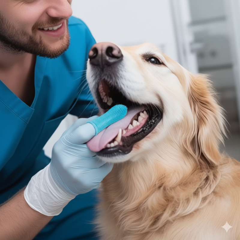 Vétérinaire utilisant une brosse à dents en silicone sur un chien pour un nettoyage doux et efficace.