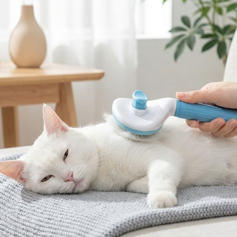 Brosse de toilettage utilisée sur un chat pour retirer les poils morts en douceur.