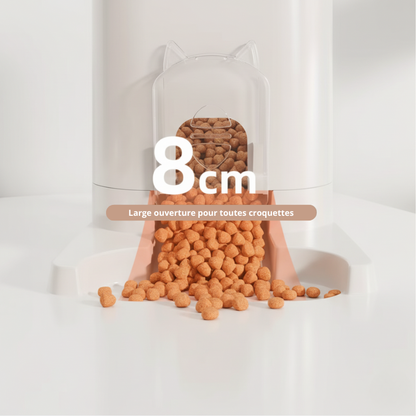 Vue technique du distributeur 2-en-1 pour chats et chiens avec hauteur de sortie des croquettes mesurée à 8 cm