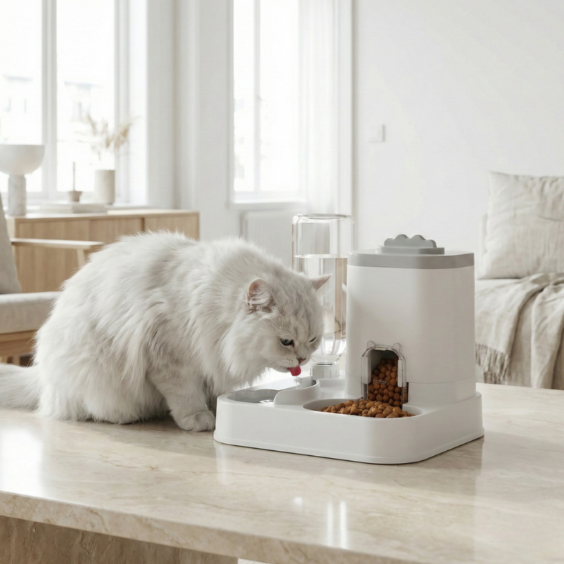 Station repas DuoFlow 2-en-1 avec croquettes et eau, utilisée par un chien à la maison