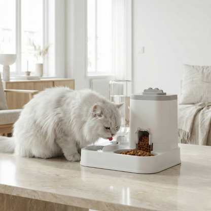 Station repas DuoFlow 2-en-1 avec croquettes et eau, utilisée par un chien à la maison