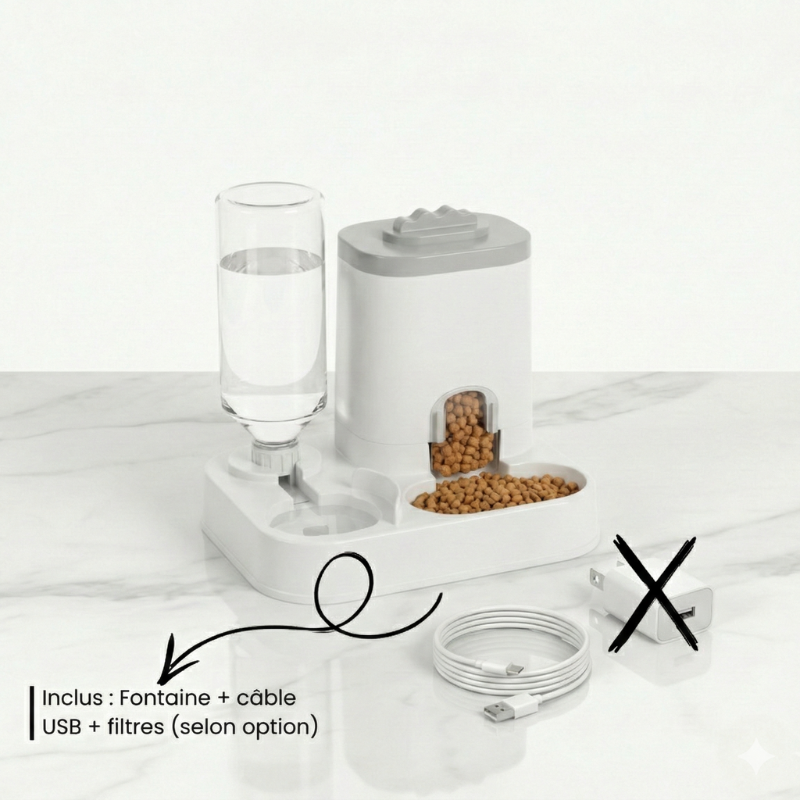 Station repas DuoFlow 2-en-1 avec distributeur de croquettes et réservoir d’eau pour chien et chat