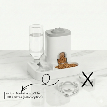 Station repas DuoFlow 2-en-1 avec distributeur de croquettes et réservoir d’eau pour chien et chat
