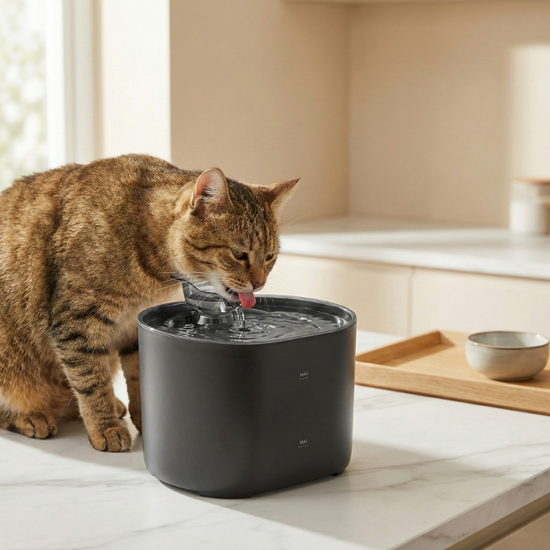 Chat en train de boire à la fontaine à eau FellCare 2,2 L noire