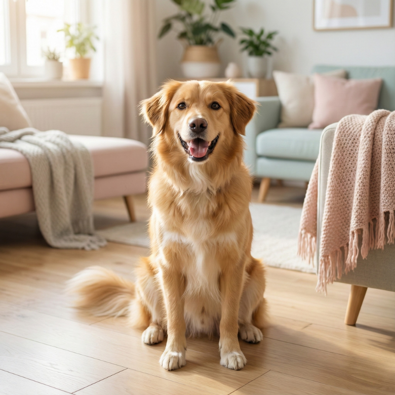 Chien de taille moyenne sur fond pastel, univers chiens FellCare.