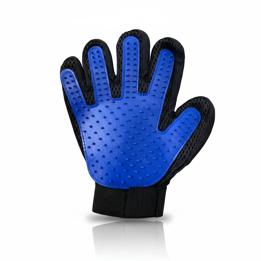 Gant de toilettage bleu pour chats et chiens, accessoire anti-poils avec picots souples — vue principale sur fond blanc.