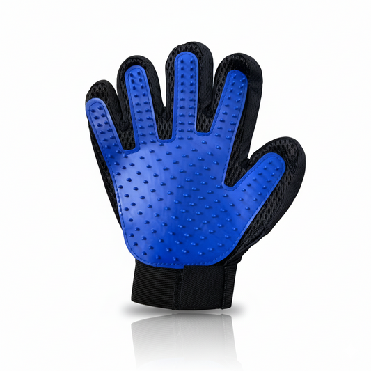 Gant de toilettage bleu pour chats et chiens, accessoire anti-poils avec picots souples — vue principale sur fond blanc.