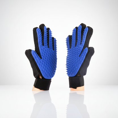Paire de gants de toilettage bleus pour chiens et chats, avec picots massants — vue studio sur fond blanc.