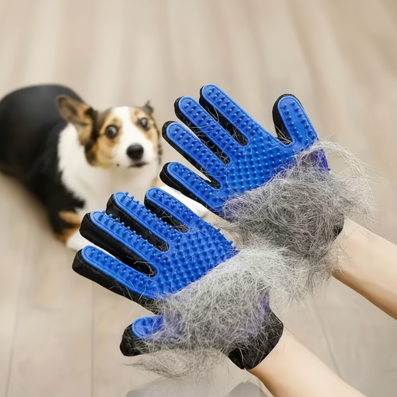 Gants de toilettage montrant une grande quantité de poils retirés après utilisation sur chien ou chat.